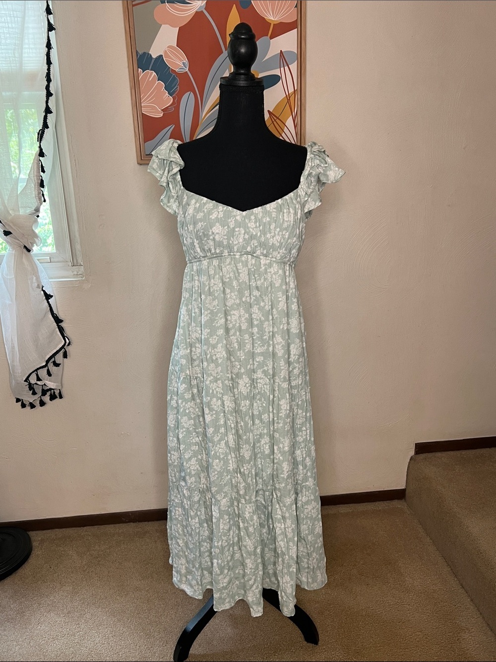 Altar’d State Mila Floral Tiered Maxi Dress in light green Size M